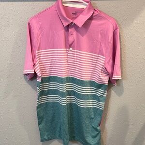 Puma Men's Polo Shirt in Pink and Green Stripes
